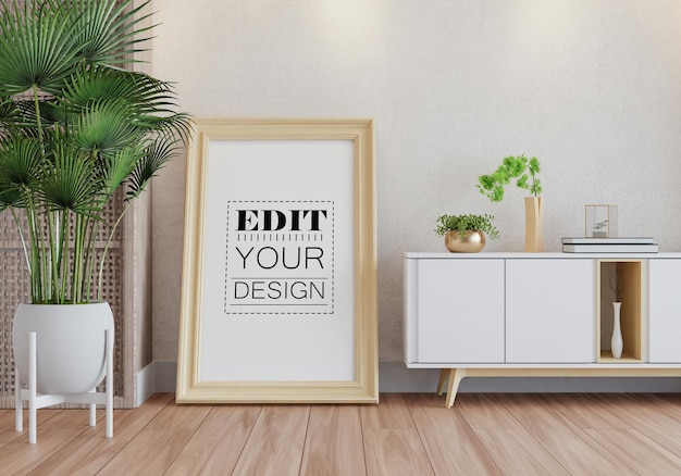 Moldura de pôster na sala de estar psd mockup