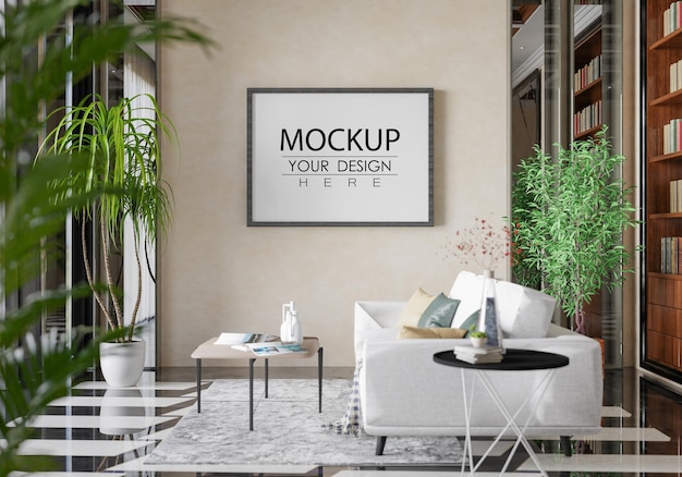 Moldura de pôster na sala de estar psd mockup