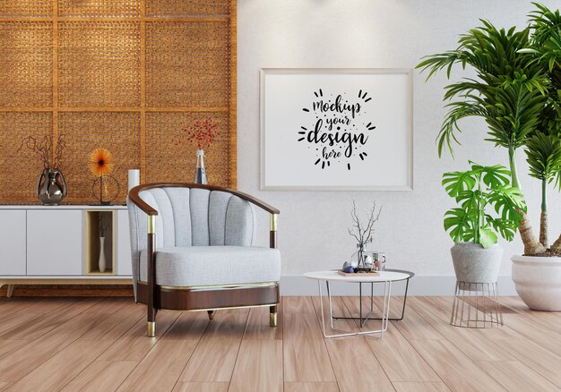 Moldura de pôster na sala de estar psd mockup