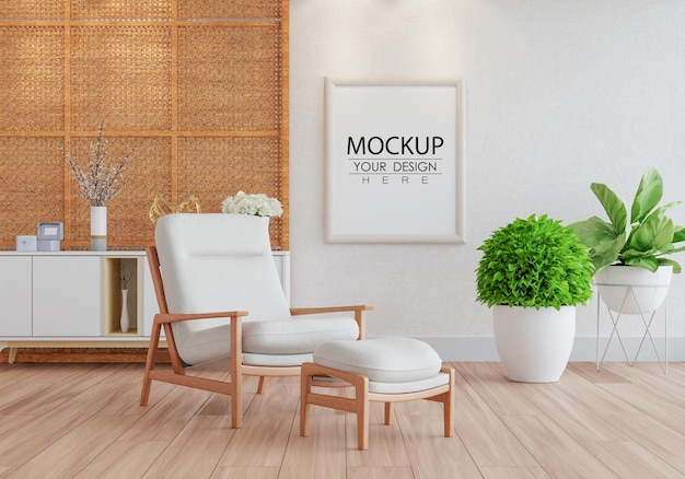 Moldura de pôster na sala de estar psd mockup