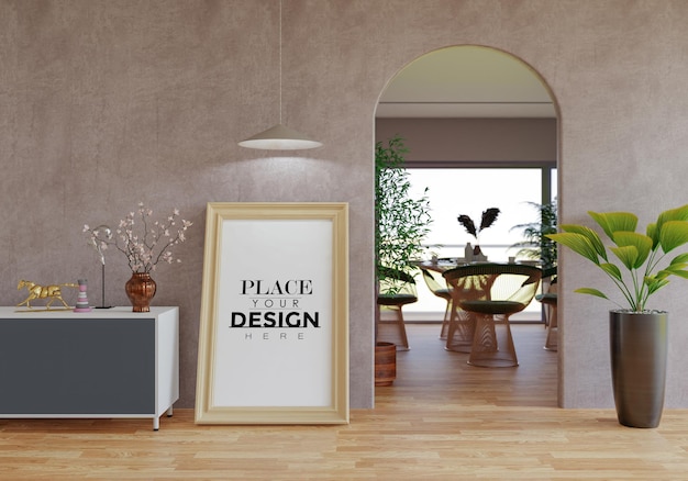 Moldura de pôster na sala de estar psd mockup