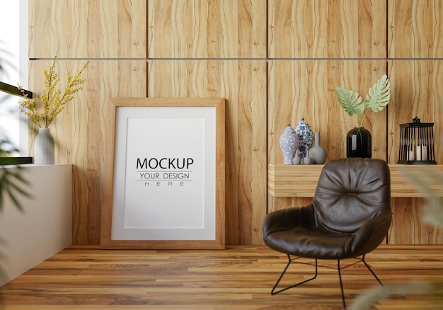 Moldura de pôster na sala de estar psd mockup