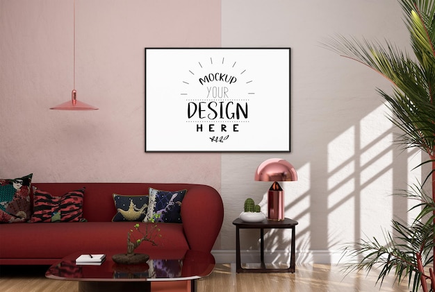 Moldura de pôster na sala de estar psd mockup