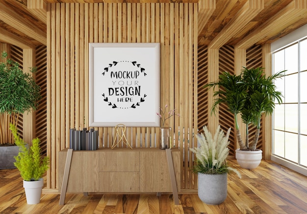 Moldura de pôster na sala de estar psd mockup