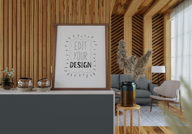 Moldura de pôster na sala de estar Psd Mockup