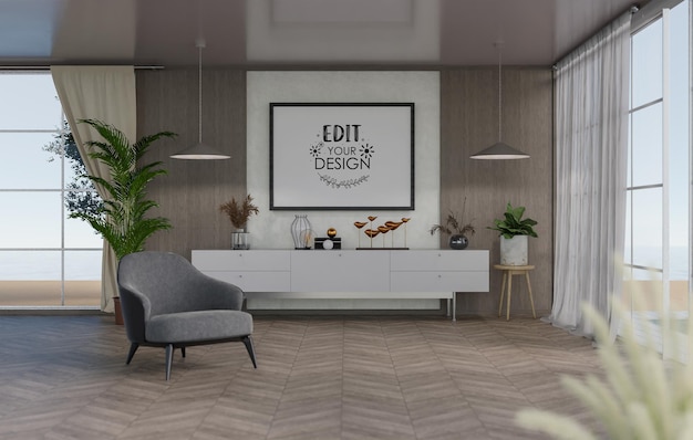 PSD moldura de pôster na sala de estar psd mockup