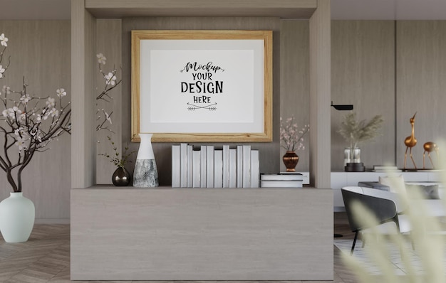 Moldura de pôster na sala de estar psd mockup