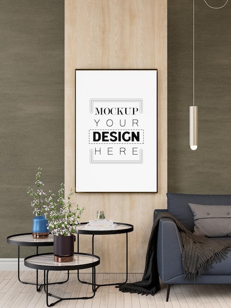 Moldura de pôster na sala de estar psd mockup