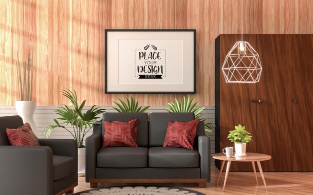 Moldura de pôster na sala de estar psd mockup