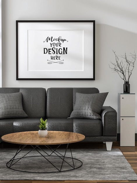 Moldura de pôster na sala de estar psd mockup