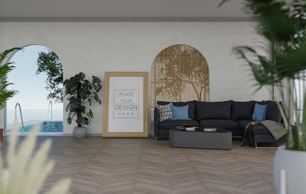 Moldura de pôster na sala de estar psd mockup