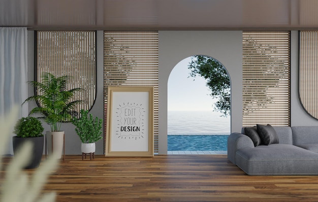 Moldura de pôster na sala de estar Psd Mockup