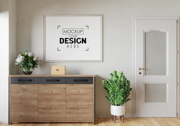 Moldura de pôster na sala de estar psd mockup