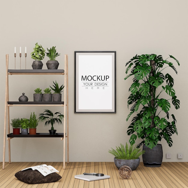 Moldura de pôster na sala de estar psd mockup