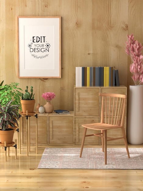 Moldura de pôster na sala de estar psd mockup