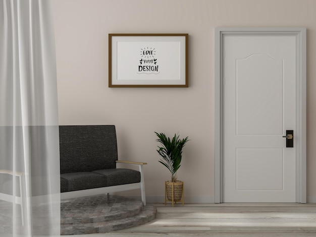 Moldura de pôster na sala de estar psd mockup