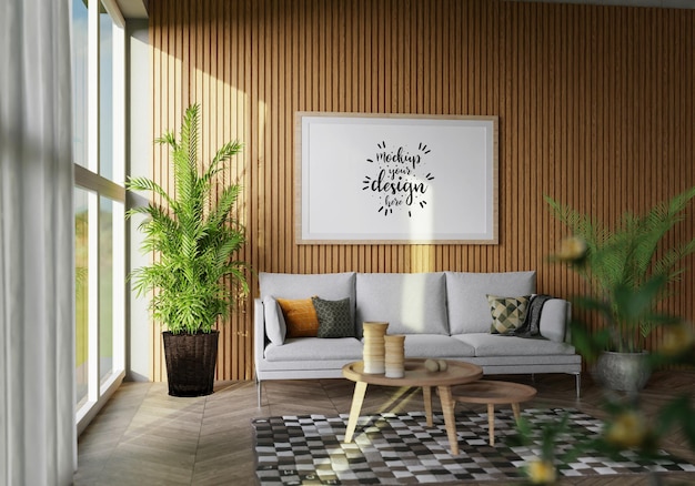 Moldura de pôster na sala de estar Psd Mockup