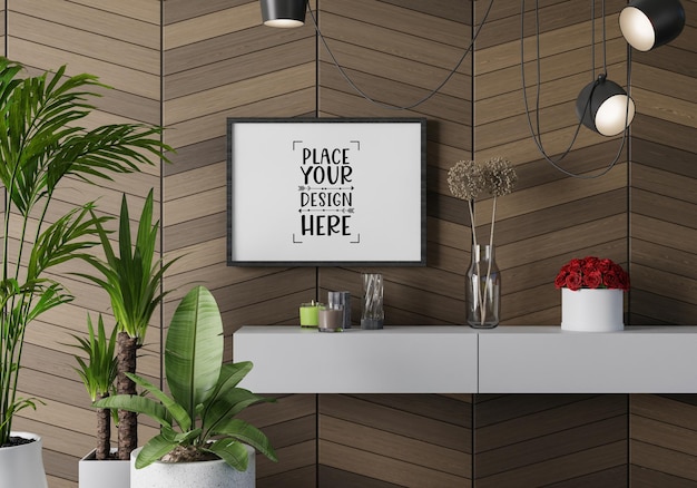 Moldura de pôster na sala de estar psd mockup