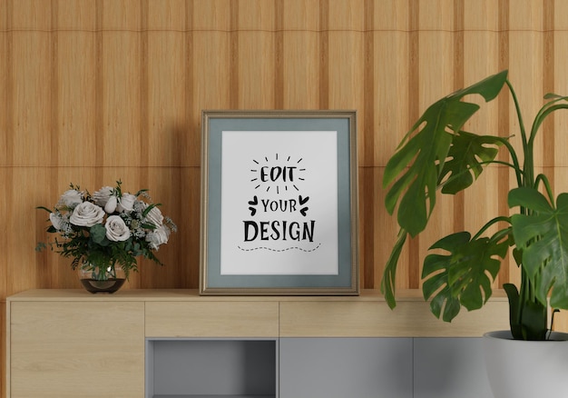 Moldura de pôster na sala de estar psd mockup