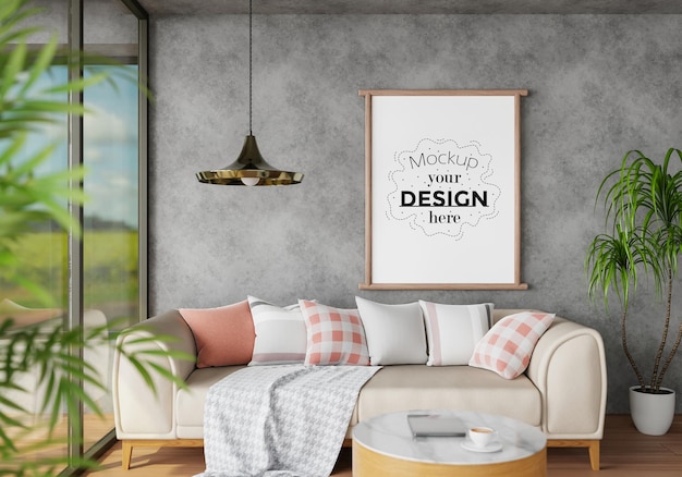 Moldura de pôster na sala de estar psd mockup