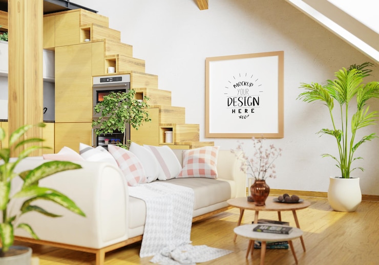 PSD moldura de pôster na sala de estar psd mockup