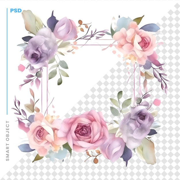 PSD moldura floral aquarela com folhas de rosas e galhos em fundo branco