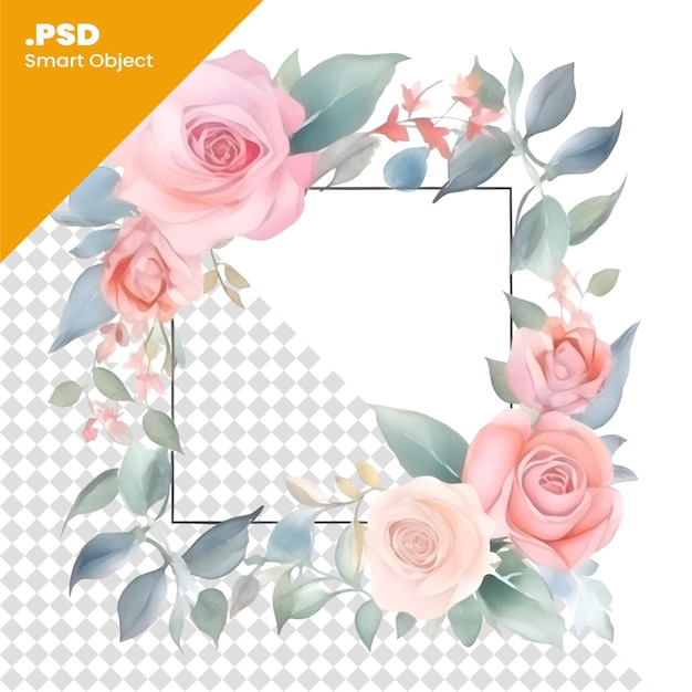 PSD moldura floral aquarela com rosas cor de rosa e modelo psd de eucalipto