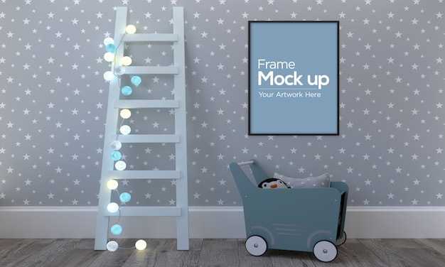 PSD moldura infantil mockup design com luzes da escada e trole