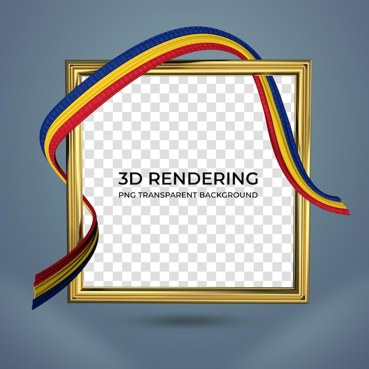 PSD moldura realista e fita com cores de bandeira da romênia renderização 3d fundo transparente
