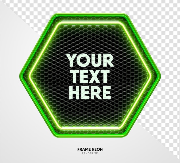 Moldura verde com textura de grade e neon em renderização 3d realista com fundo transparente