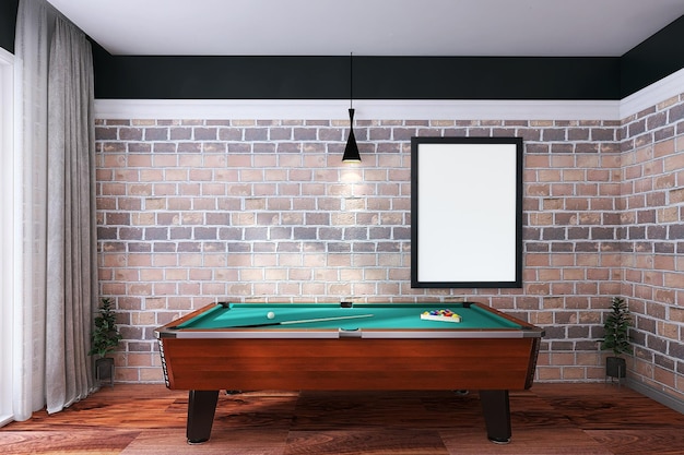 PSD molduras para fotos vazias na moderna sala de estar 3d renderização com fundo de tijolos vermelhos de mesa de bilhar