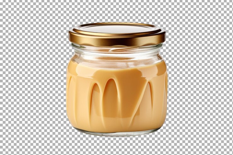 PSD molho de caramelo cremoso em um frasco de vidro sobre um fundo branco perfeito para sobremesas e assados