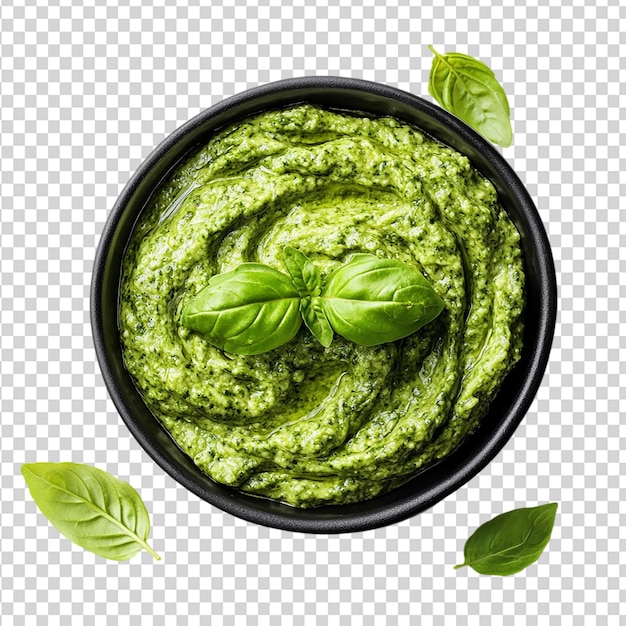 Molho de pesto fresco em uma tigela preta, vista de cima isolada em um fundo transparente
