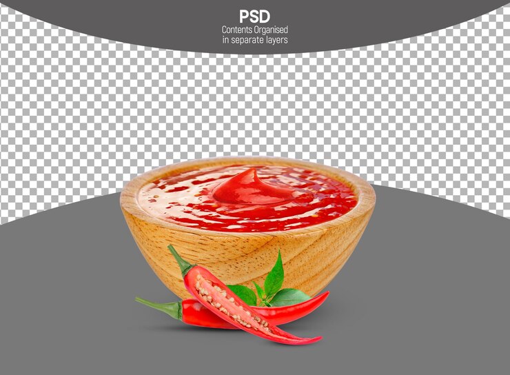PSD molho de pimentão vermelho em tigela de madeira em fundo transparente
