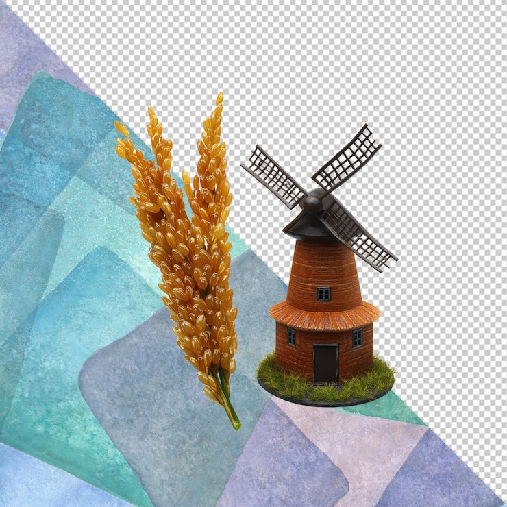 PSD molino de viento en miniatura y tallos de trigo escena de una granja rústica
