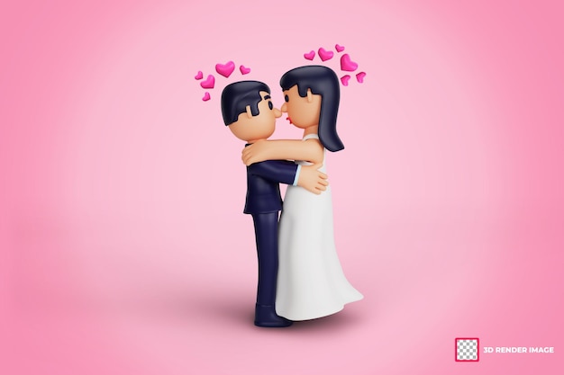 Momentos románticos de la pareja de la boda del personaje 3d