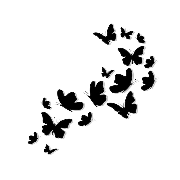 Monarques noirs vectoriels de papillons dynamiques dans une trajectoire de vol incurvée pour l'art mural du tatouage et la conception de vêtements