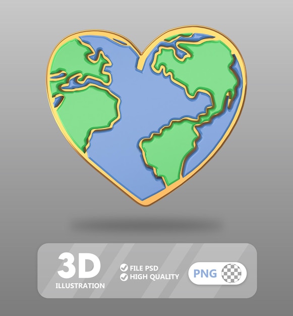 PSD monde en forme de coeur 3d avec rendu psd de fond doré