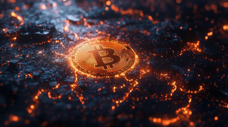 PSD una moneda de bitcoin brillante yace en un lecho de brasas ardientes