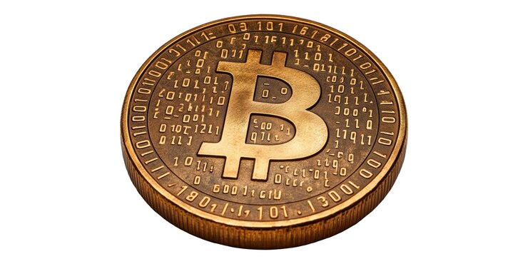 PSD moneda de bitcoin con grabado digital aislada en un diseño de criptomoneda de fondo transparente
