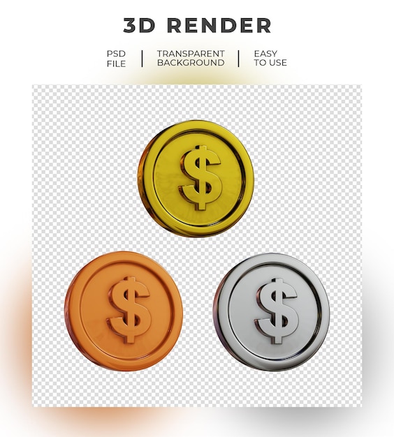 PSD moneda de bronce de oro plata de render 3d dólar