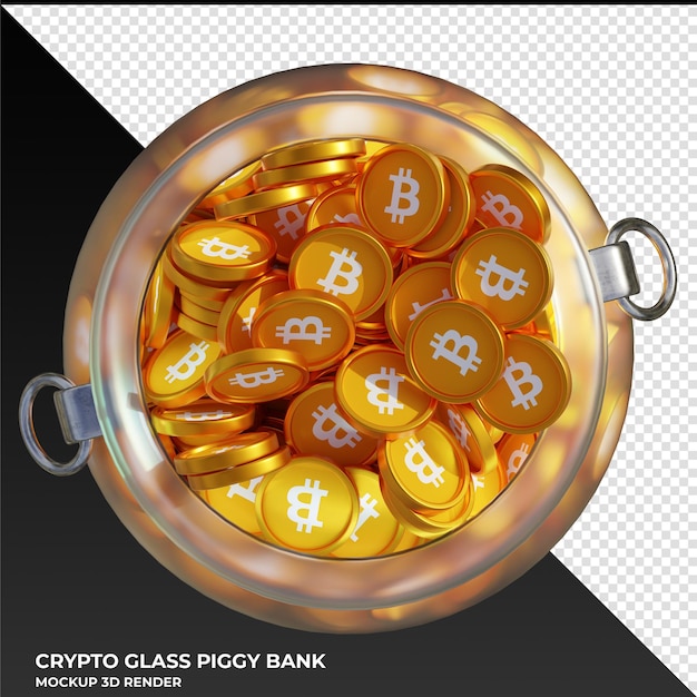 Moneda criptográfica bitcoin btc en una olla de vidrio ilustración 3d