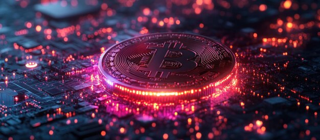 Una moneda de criptomoneda bitcoin brillante se encuentra en una placa de circuitos con luces rojas y púrpuras