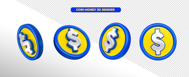 Moneda de dinero en 3d render azul y amarillo