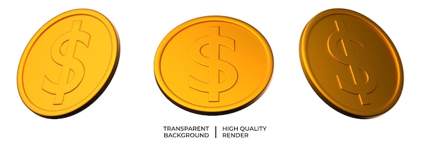 Moneda de dólar PSD conjunto 3d render ilustración sobre fondo transparente