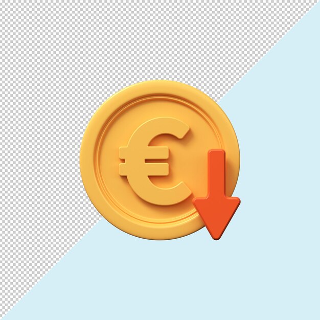 Moneda de euro de oro con flecha hacia abajo Economía finanzas dinero inversión símbolo 3d icono de declive de moneda