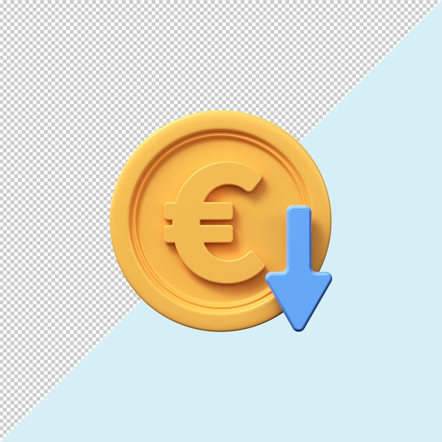 Moneda de euro de oro con flecha hacia abajo Economía finanzas dinero inversión símbolo 3d icono de declive de moneda