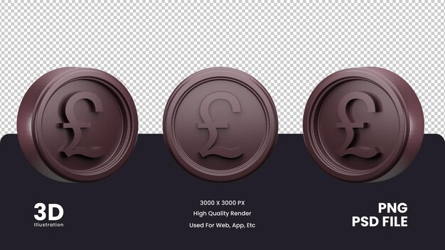 moneda libra esterlina 3d con 3 ángulos