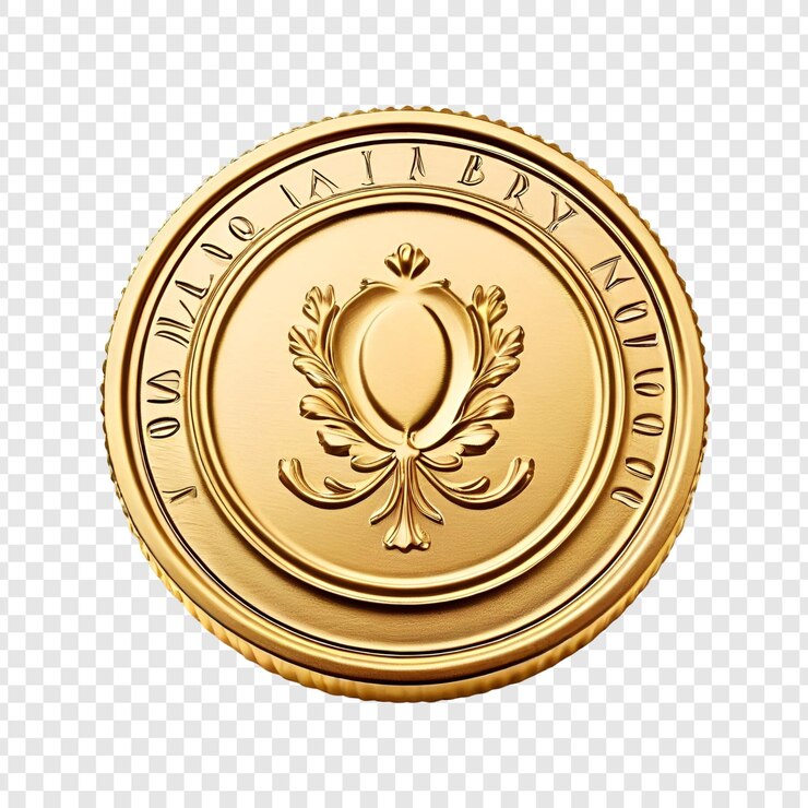 PSD moneda de lujo de oro con números romanos y diseño en relieve aislada en transparente