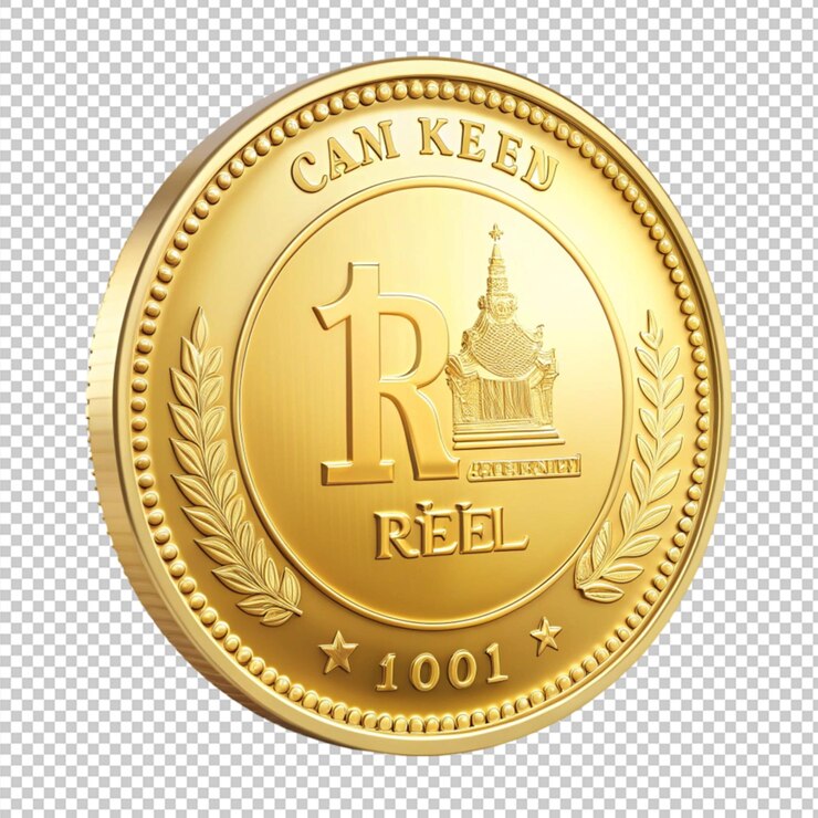 PSD de una moneda de oro con el signo de riel camboyano camboya